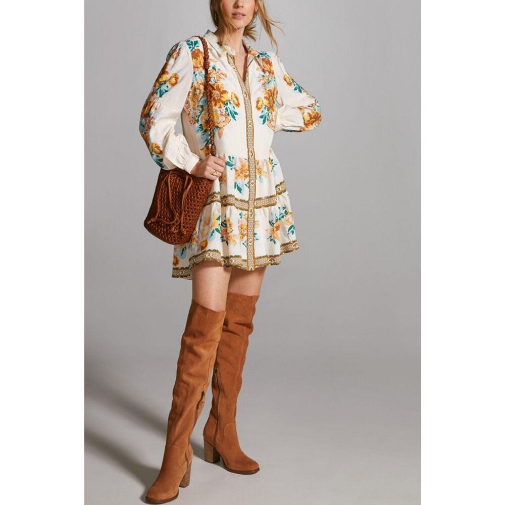 Anthropologie Panel Print Cottagecore Romantic Floral Mini Shirtdress Size Small